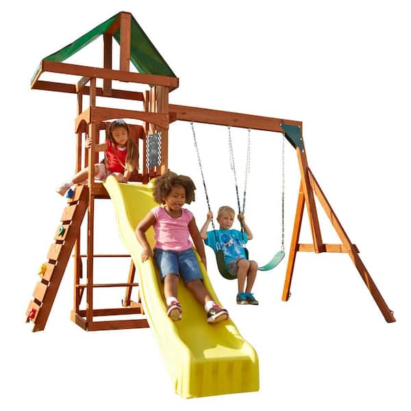 Swing-N-Slide Playsets Scrambler Deluxe Backyard Wood Complete Swing Set with Cool Wave Slide, Rock Wall, Swings, and Playset Accessory