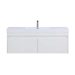 Eternal 59 in. Wall Mounted Bathroom Vanity in Gloss White with Resin Vanity Top in White with Single White Basin