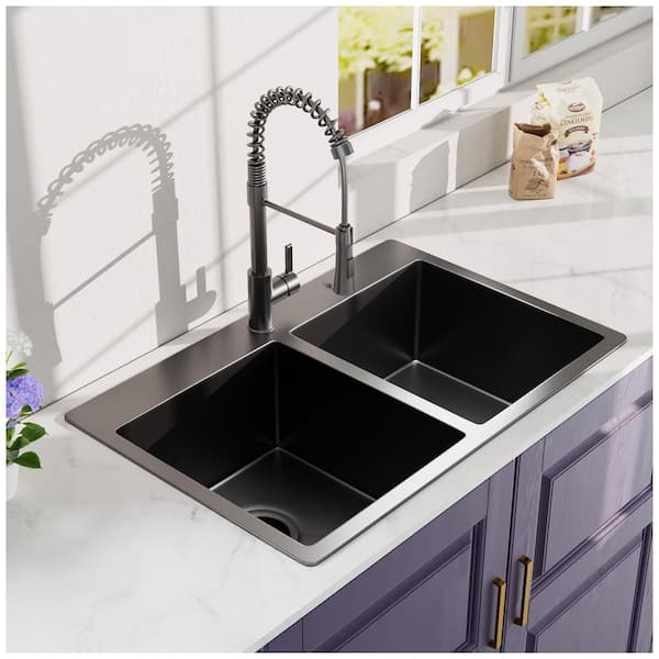 33 in. Drop-In Double Bowl(50/50) 18 Gauge Gunmetal Black Stainless Steel Kitchen Sink with Faucet and Bottom Grids