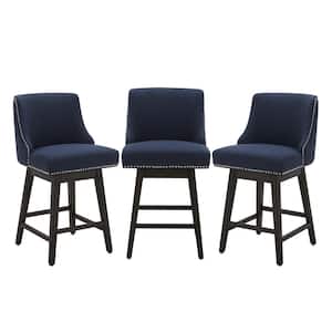 Martin 26 in. Insignia Blue High Back Solid Wood Frame Swivel Counter Height Bar Stool with Fabric Seat(Set of 3)