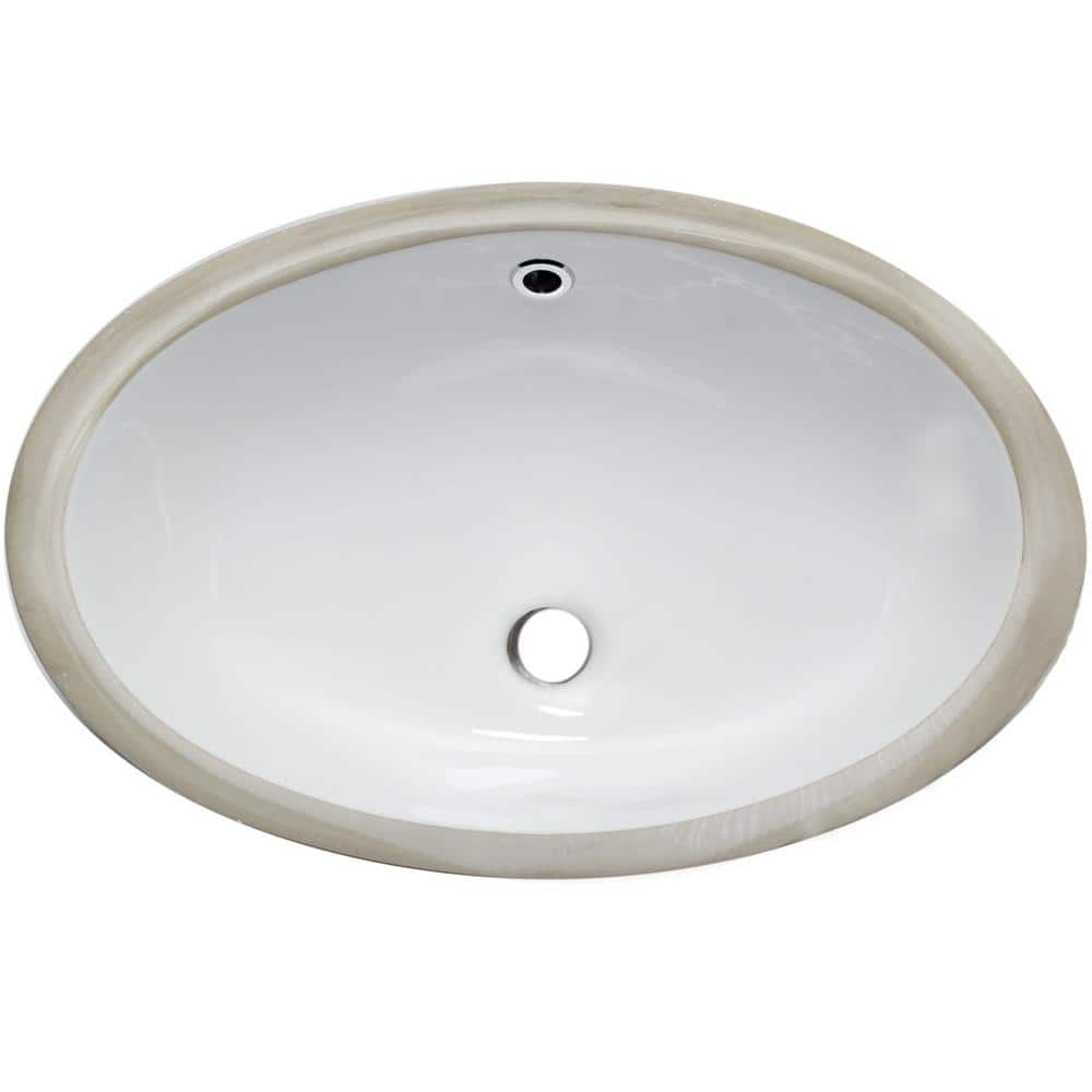 Oval Undermount White and Beige Porcelain Bathroom Sink with Chrome Drain