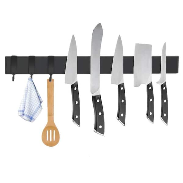 8-Knife 16 in. Stainless Steel Magnetic Knife Bar with 3 Hooks, Knife Magnetic Strip with Adhesive Tape and Screws