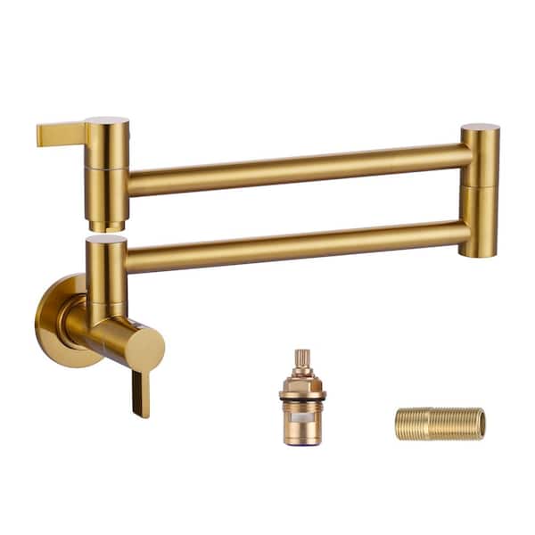 WOWOW Solid Brass Wall Mounted Pot Filler Faucet with Double Joint Swing Arms, Commercial Kitchen Pot Faucet in Gold