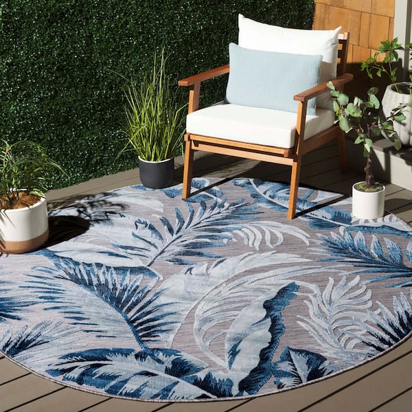 Cabana Beige/Navy 6 ft. x 6 ft. High-Low Leaf Indoor/Outdoor Round Area Rug