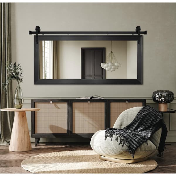 (64 in. W x 33 in. H) Black Steel Modern Rustic Mirror with Steel Barn Door Rail