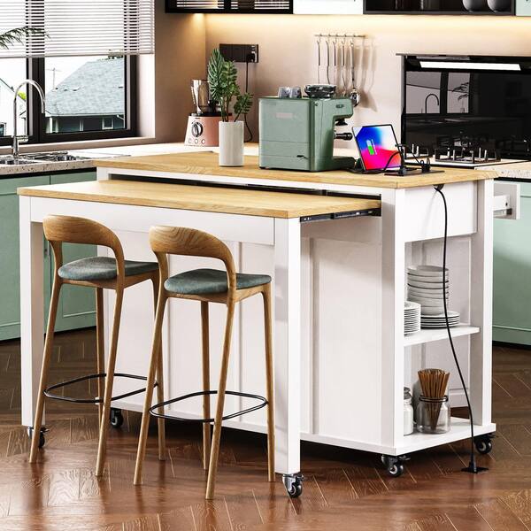 White Wood 47.2 in. Kitchen Island with Extendable Dining Table and ...
