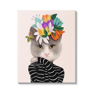 Bold Floral Design Grey Cat Striped Sweater By Ioana Horvat Unframed Animal Art Print 30 in. x 24 in.