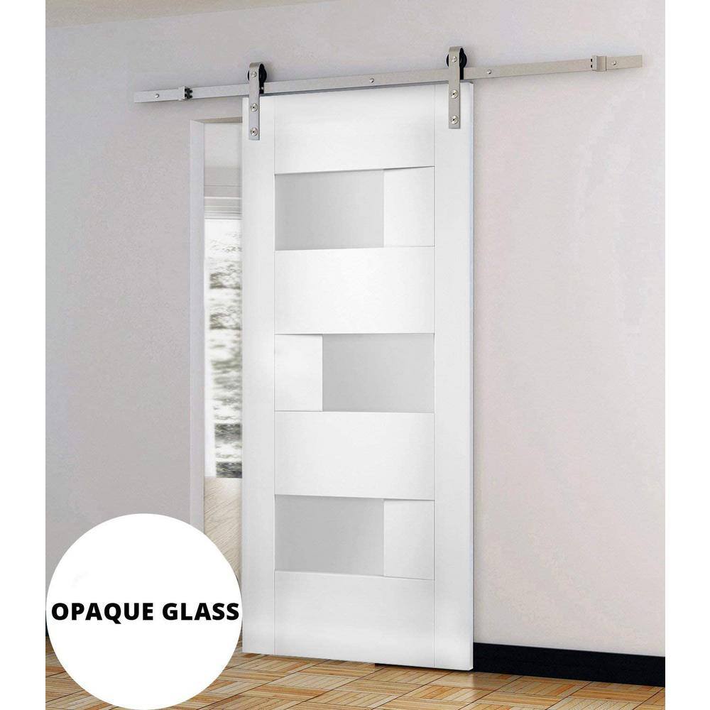 Modern White Frosted Glass Barn Door with Stainless Steel Hardware