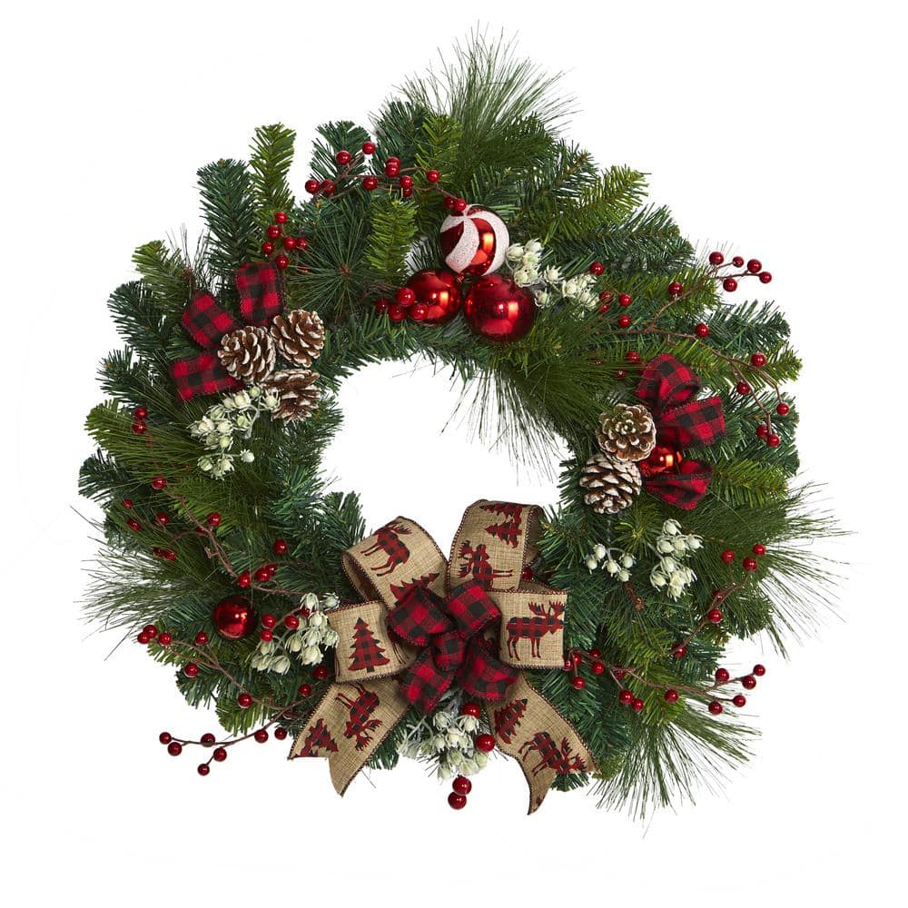 Nearly Natural 24 in. Christmas Pine Artificial Wreath with Pine Cones ...
