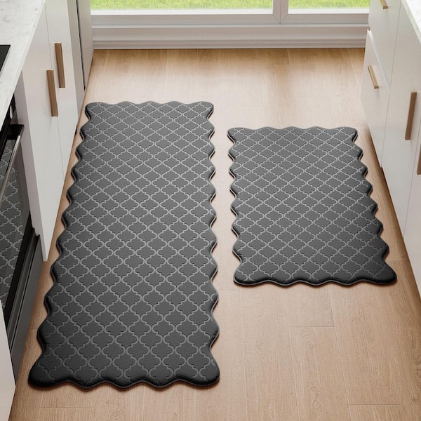 2-Piece Black Waterproof Scalloped AntiFatigue Indoor NonSlip KitchenMat Set Sink,Office,17 in. x 30 in., 7 in. x 47 in.