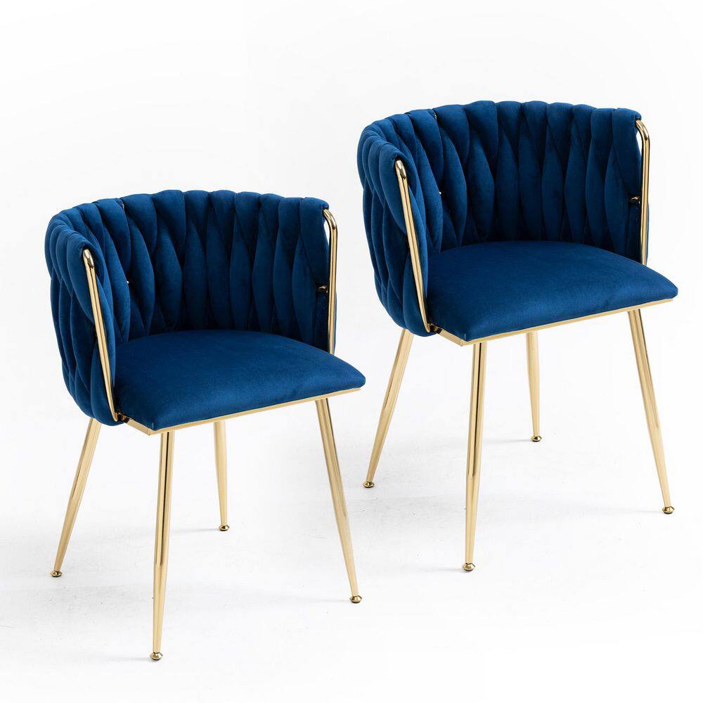 Modern Navy Blue Velvet Leisure Dining Chair with Metal Legs (Set of 2)