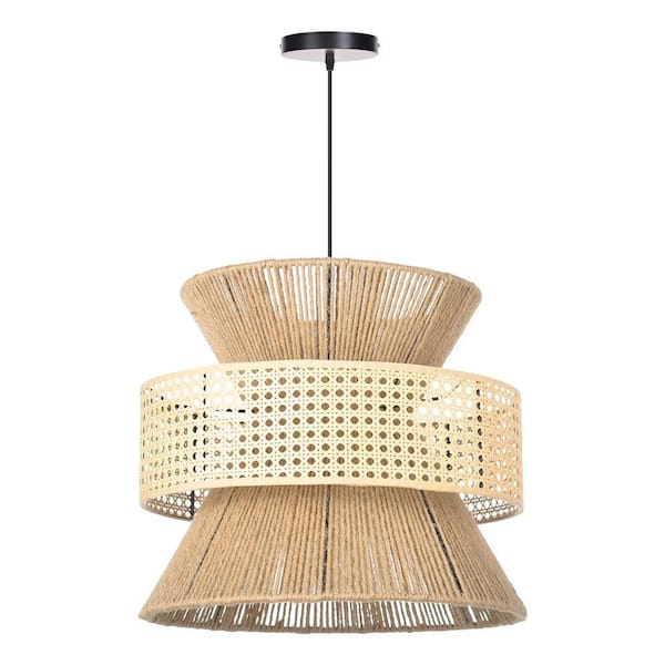 1 Light Natural Hand-Woven Jute and Rattan Pendant Light in Hourglass Cone Shape, No Bulbs Included 23.62 in.