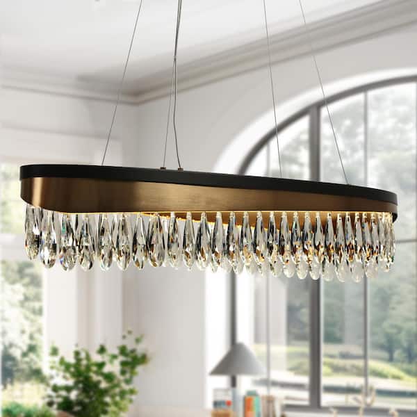 Delphinium 1-Light Dimmable Integrated LED Matte Black and Plating Brass Crystal Oval Chandelier for Living Room