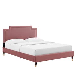 Liva Red Performance Velvet Frame Twin Platform Bed with Wood Legs with Gold Sleeves