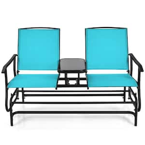 1-Piece Metal Patio Conversation Rocking Loveseat with Turquoise Mesh Fabric and Center Tempered Glass Table