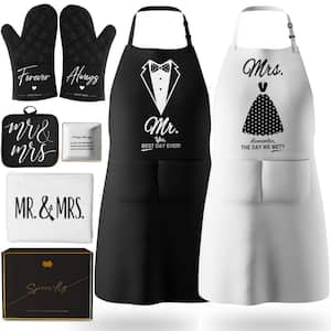 8-Piece Black and White Kitchen Cooking Mr and Mrs Apron Gift Set for Anniversary, Bridal Shower and Wedding Gifts