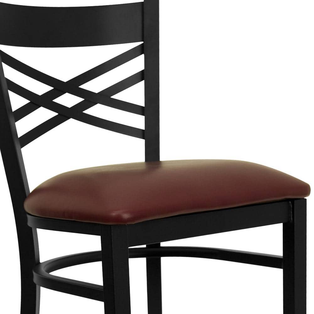 Cross-Back Black Metal Barstool with Burgundy Vinyl Seat