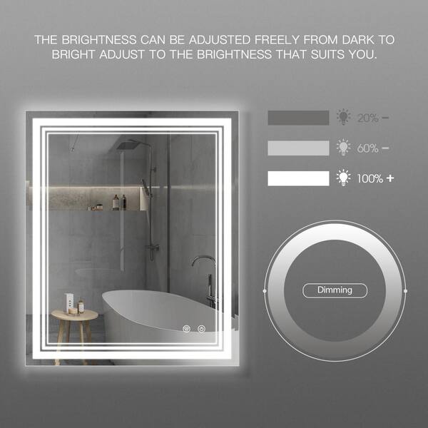 24 in. W x 40 in. H Rectangular Frameless Anti-Fog Dimmable Wall Mounted Bathroom Vanity Mirror, Silver