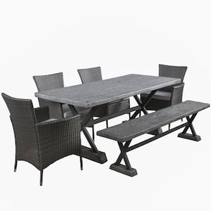 Frida 6-Piece Stone Rectangular Outdoor Dining Set with Bench and Silver Cushions