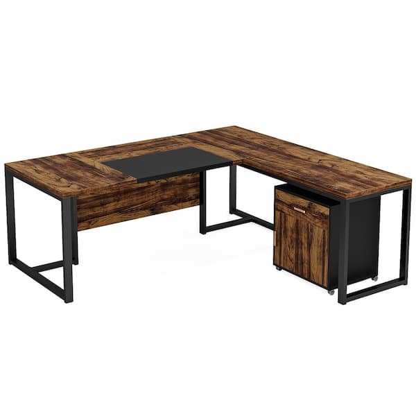BYBLIGHT Capen 70.87 in. Brown Wood Executive Desk Mobile File Cabinet Business Furniture with Drawers Storage and Black Frame