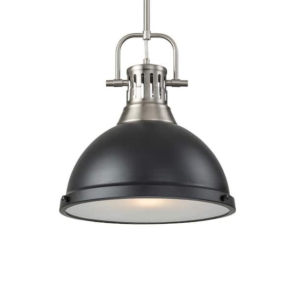 C Cattleya 60 -Watt 1-Light Satin Nickel and Black Shaded Pendant Light with Frosted Glass Shade, No Bulbs Included