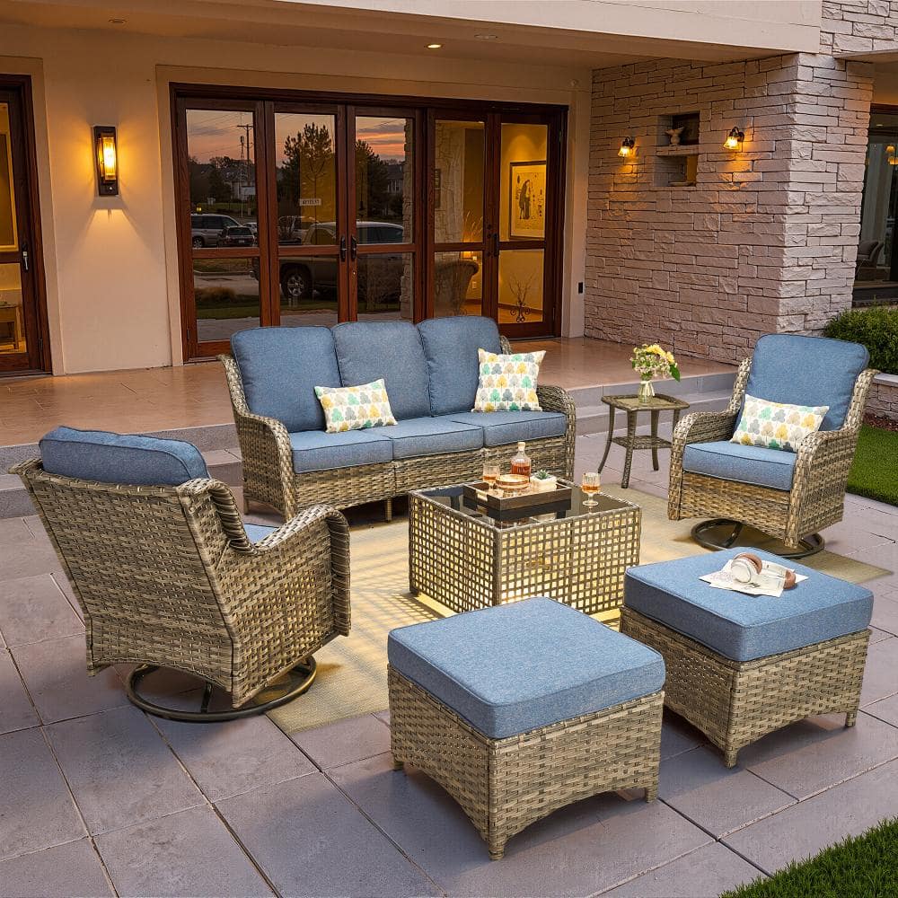 Newport Gray Wicker 7-Piece Patio Conversation Sofa Swivel Rocking Chairs Set with Ottomans and Denim Blue Cushions price history on PriceWatchPro