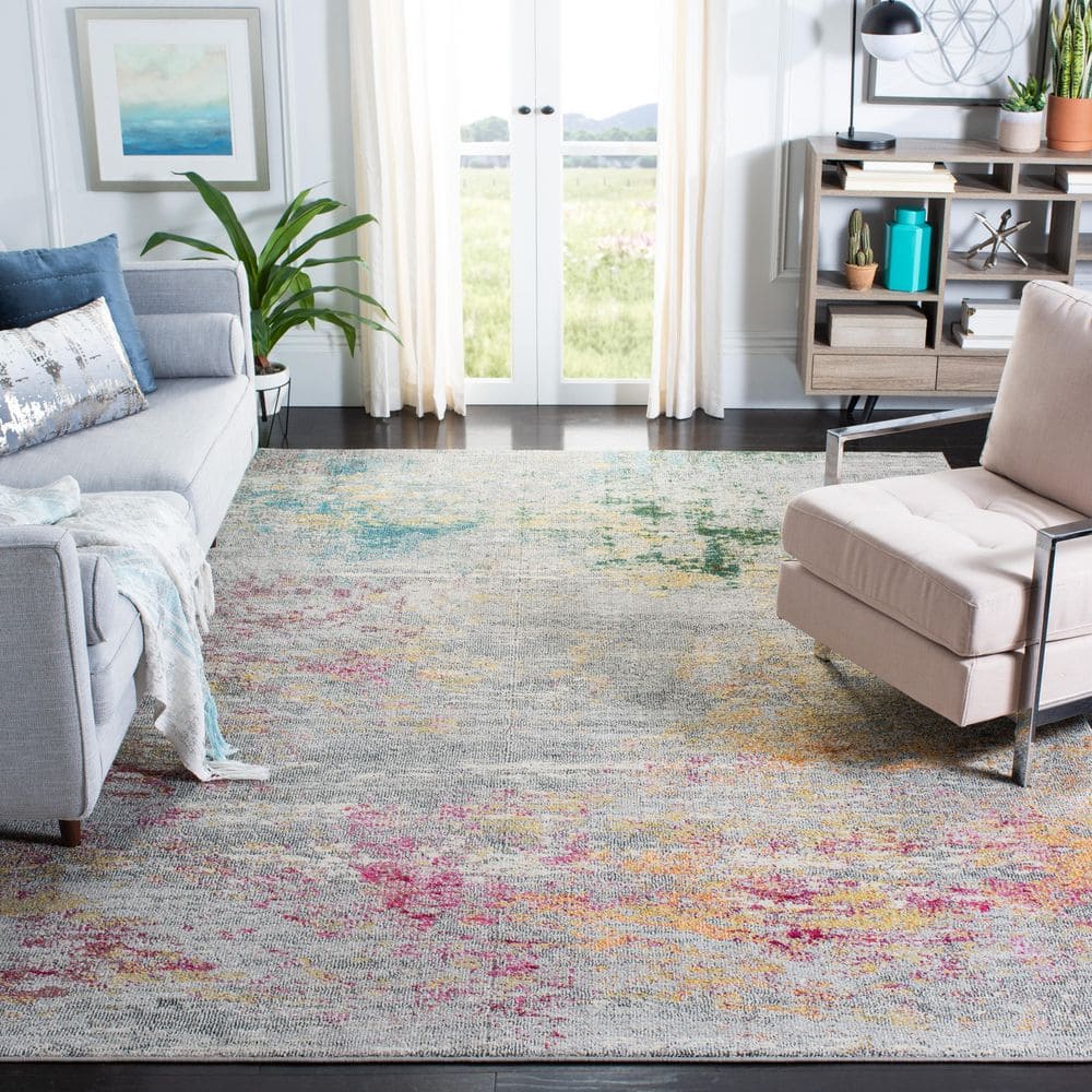 Gray and Gold Abstract Distressed 11' Square Area Rug