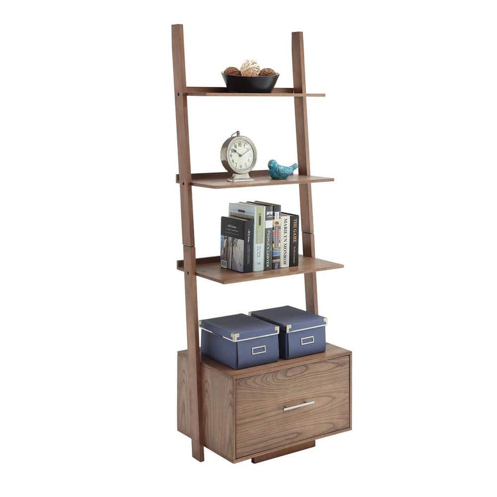 Gray Wood 4-Tier Ladder Bookcase with Concealed Storage Drawer