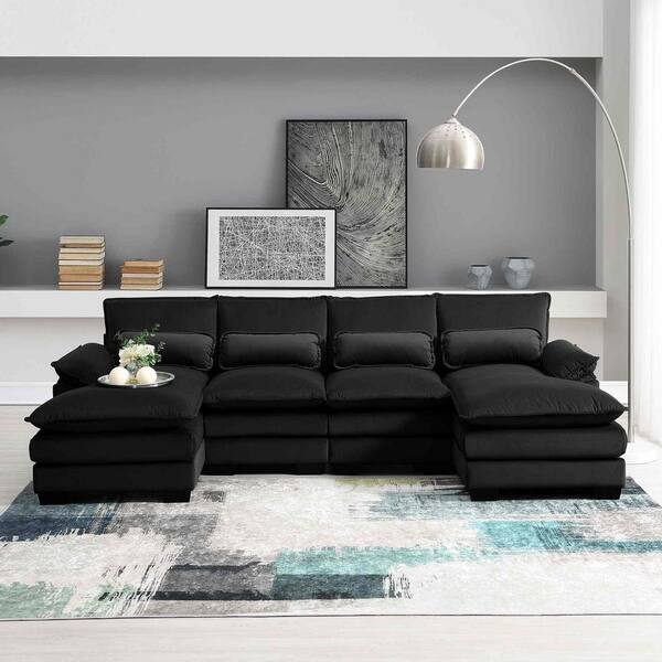 110 in. Square Arm Chenille U-Shaped Sofa with Waist Pillows in Black