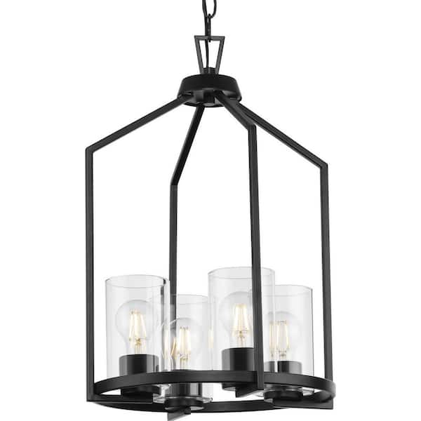 Progress Lighting Goodwin 14 in. 4 -Light Matte Black Modern Farmhouse Hall and Foyer Light with Clear Glass Shade