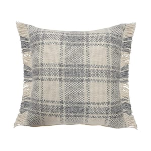 Angelica White / Grey Striped Plaid Fringed Casual Soft Poly-fill 20 in. x 20 in. Throw Pillow