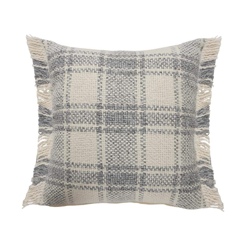 Angelica White / Grey Striped Plaid Fringed Casual Soft Poly-fill 20 in. x 