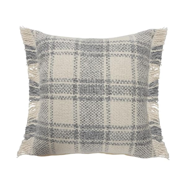 Unbranded Angelica White / Grey Striped Plaid Fringed Casual Soft Poly-fill 20 in. x 20 in. Indoor Throw Pillow