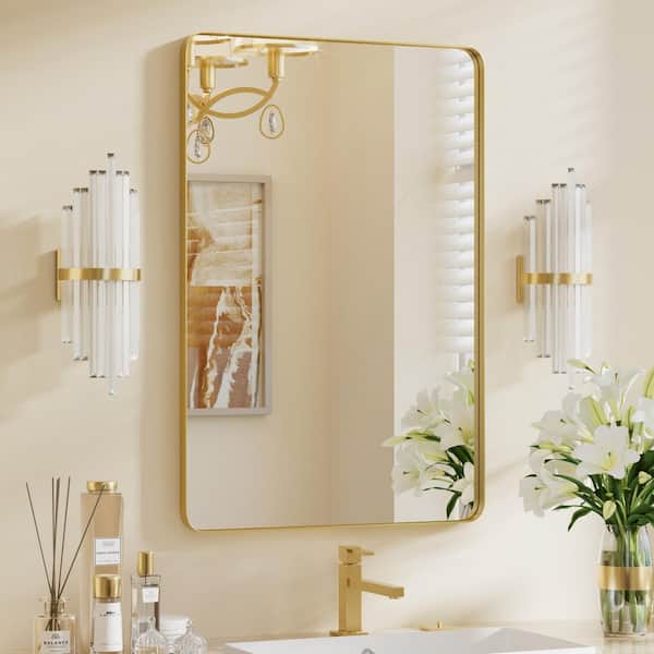 PRIMEPLUS 24 in. W x 36 in. H Large Modern Rectangle Stainless Steel Wall Mirror Bathroom Mirror Vanity Mirror in Brushed Gold