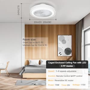 20 in. Indoor White Modern Low Profile Ceiling Fan with LED Light Caged Enclosed Ceiling Fan with Remote and APP Control