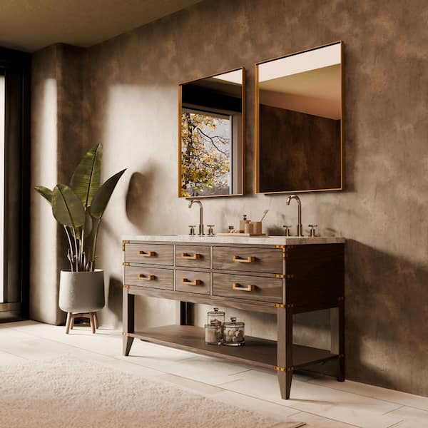 Irvington 60 in W x 22 in D Brown Oak Double Bath Vanity, Carrara Marble Top, and 28 in Mirrors