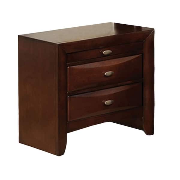 Benjara Simo Cherry Brown and Nickel 3 Drawer 25.5 in. W Nightstand