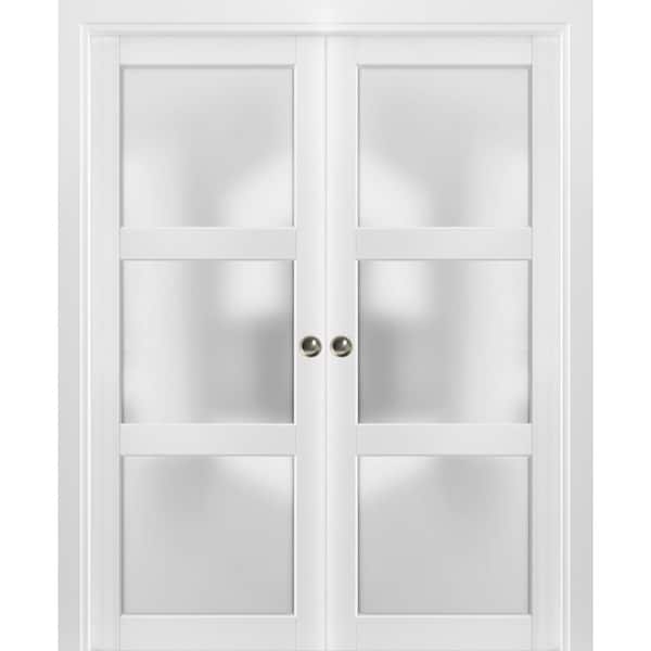 Sartodoors 56 in. x 96 in. 3 Panel White Finished Wood Sliding Door with Double Pocket Hardware