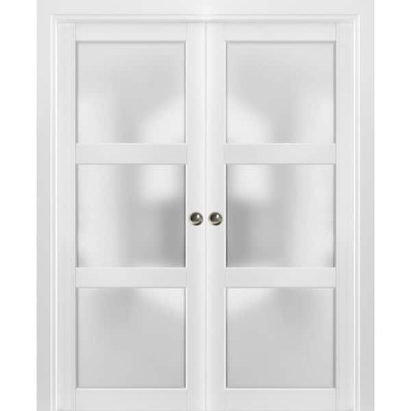 Sartodoors 36 in. x 96 in. 3 Panel White Finished Wood Sliding Door with Double Pocket Hardware
