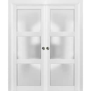 2552 56 in. x 84 in. 3 Panel White Finished Wood Sliding Door with Double Pocket Hardware