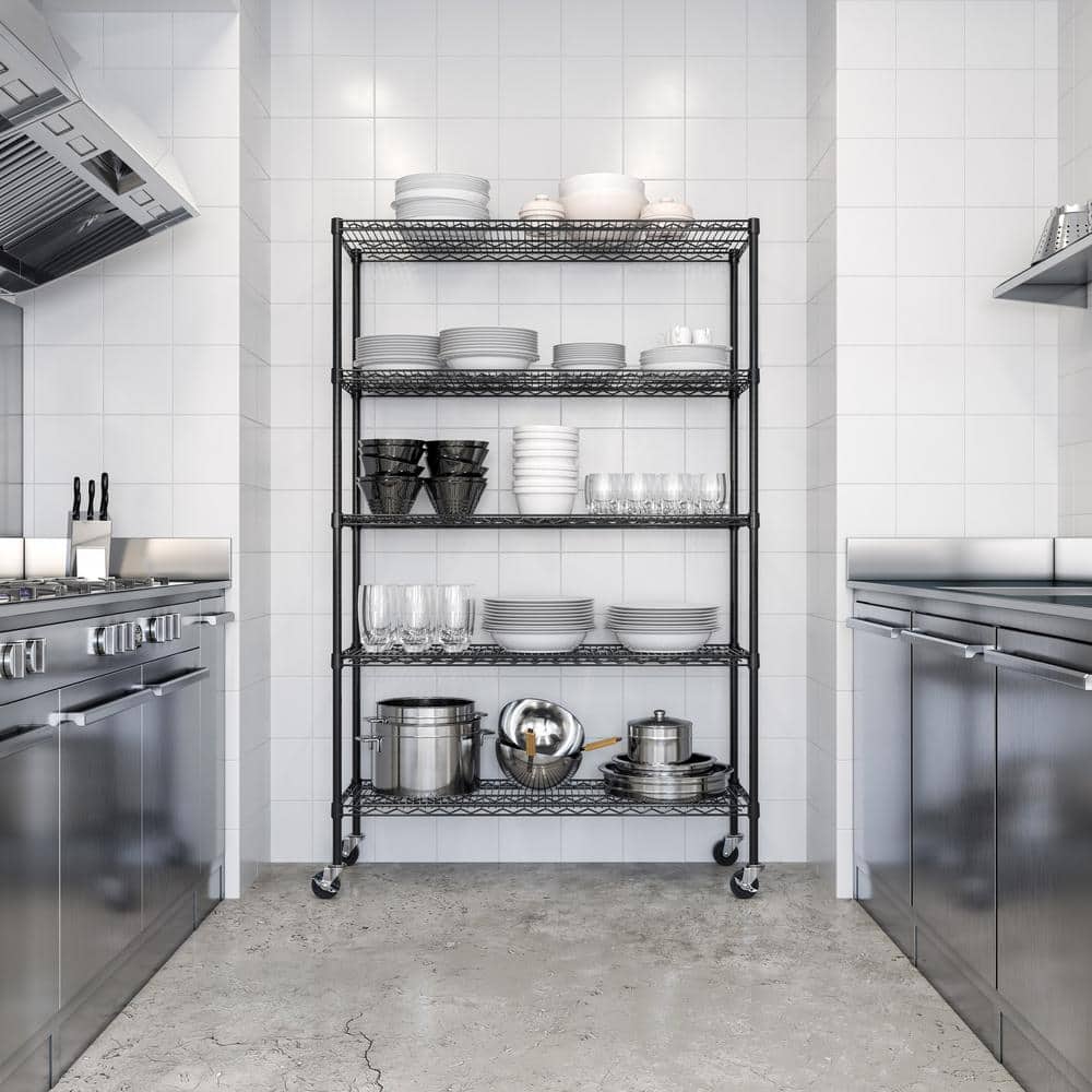 Black Adjustable 5-Tier Steel Wire Shelving Unit with Wheels
