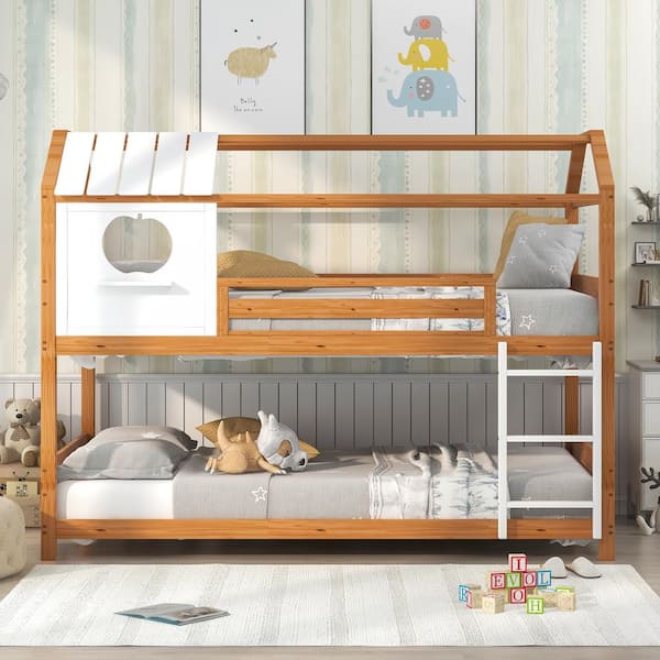 staking deze Behoefte aan Qualler Natural Full Over Full Size House Bunk Bed with Window and Little  Shelf BKM001014M - The Home Depot