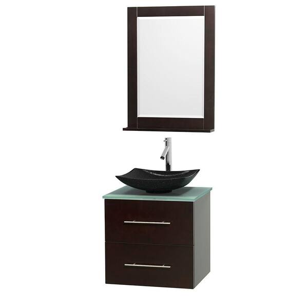 Wyndham Collection Centra 24 in. Vanity in Espresso with Glass Vanity Top in Green, Black Granite Sink and 24 in. Mirror