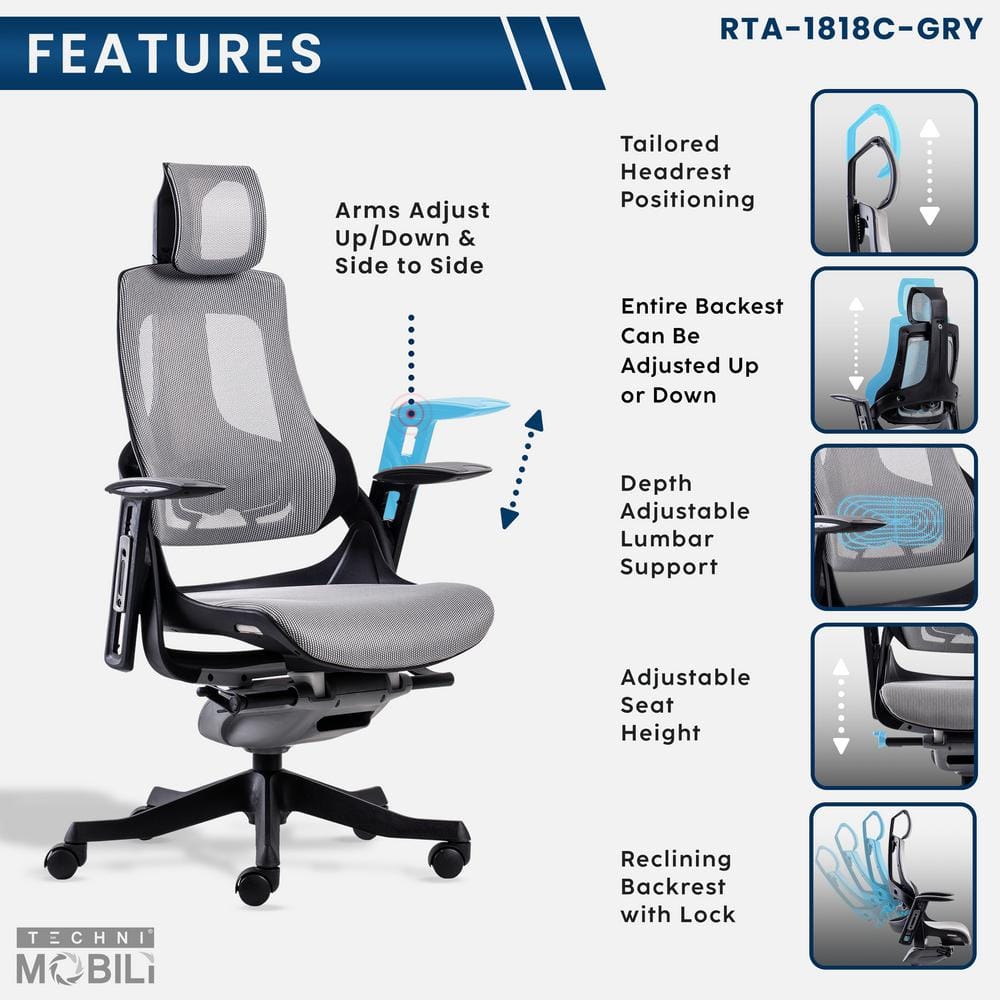 Gray Mesh High Back Executive Swivel Chair with Adjustable Arms