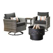 Hanes Gray 4-Piece Wicker Patio Fire Pit Swivel Seating Set with Cushion Guard Black Cushions