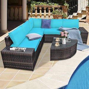 6-Piece Wicker Patop Conversation Set Sectional Sofa Set with Arc-Shaped Table Turquoise Cushions