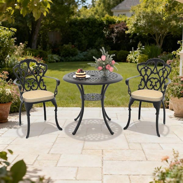Black 3-Piece Cast Aluminum Outdoor Dining Set,30.71 in. Round Dining Table and 2 Patio Chairs with Off-white Cushions