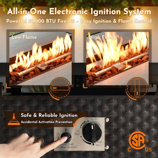 Joyoung Brown 9-Piece Wicker Patio Rectangle Fire Pit Conversation Set with Navy Blue Cushions and Swivel Chairs