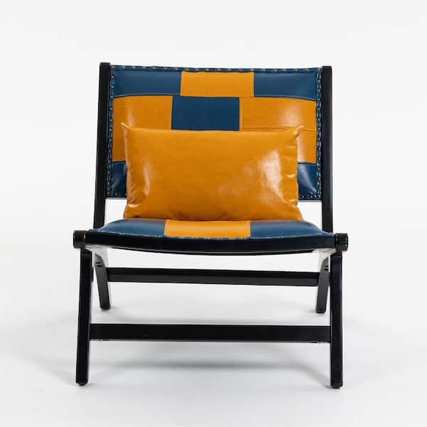 Yellow and Blue PU Leather Modern Boho Upholstered Accent Chair, Living Room Mid Century Chair with Waist Cushion