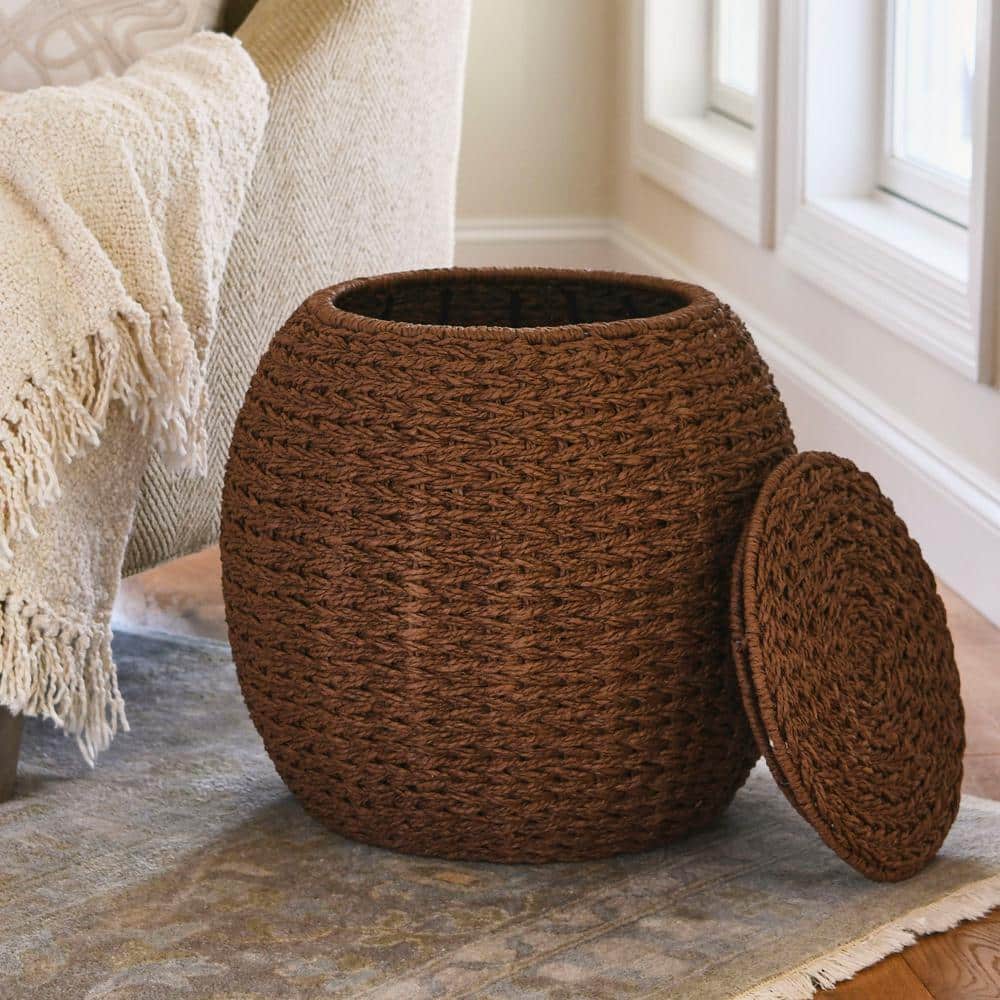 Brown Paper Rope Woven Round Storage Basket Side Table